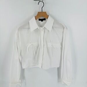 Zara White Cropped Button Down Shirt Bow Detail Size S Coquette Balletcore